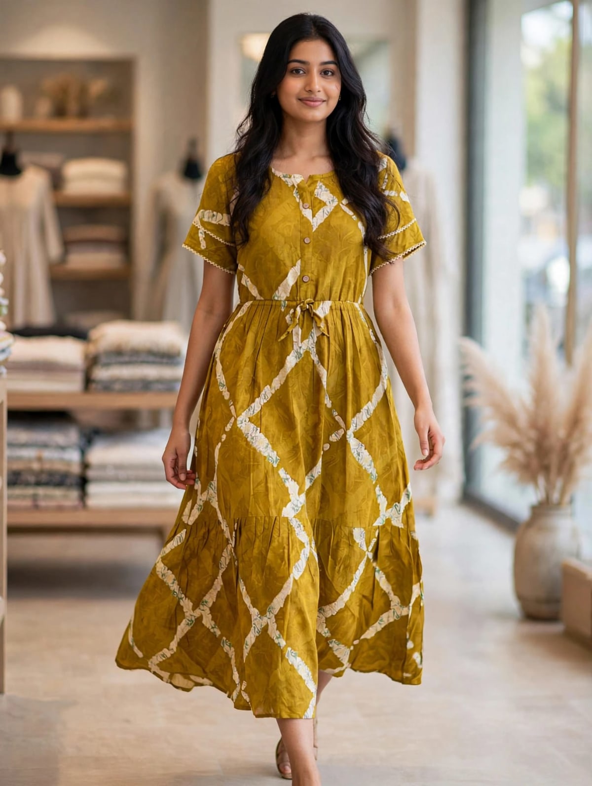 Mustard Yellow Printed Butterfly Sleeve Maxi Dress