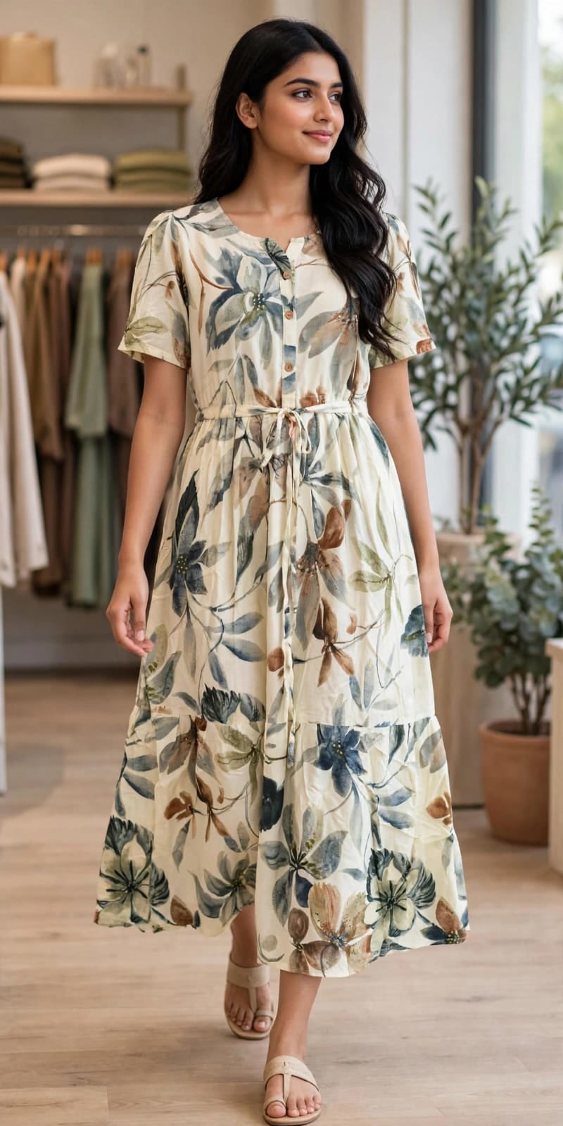 Cream Floral Printed Puff Sleeve Maxi Dress