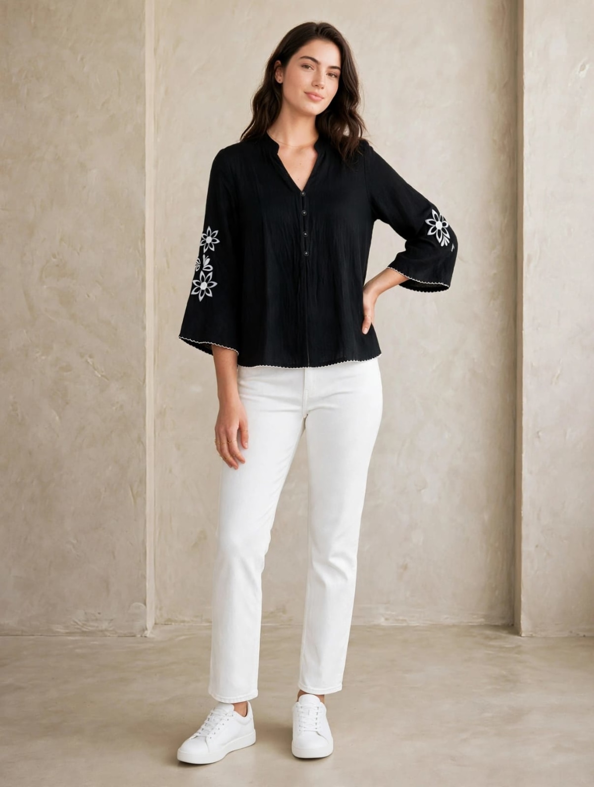 Black Floral Embroidered Flared Sleeve Western Top