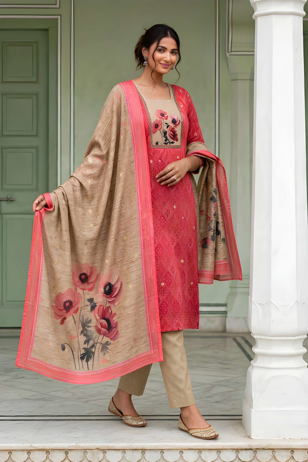 Peach Printed Straight Kurta Set