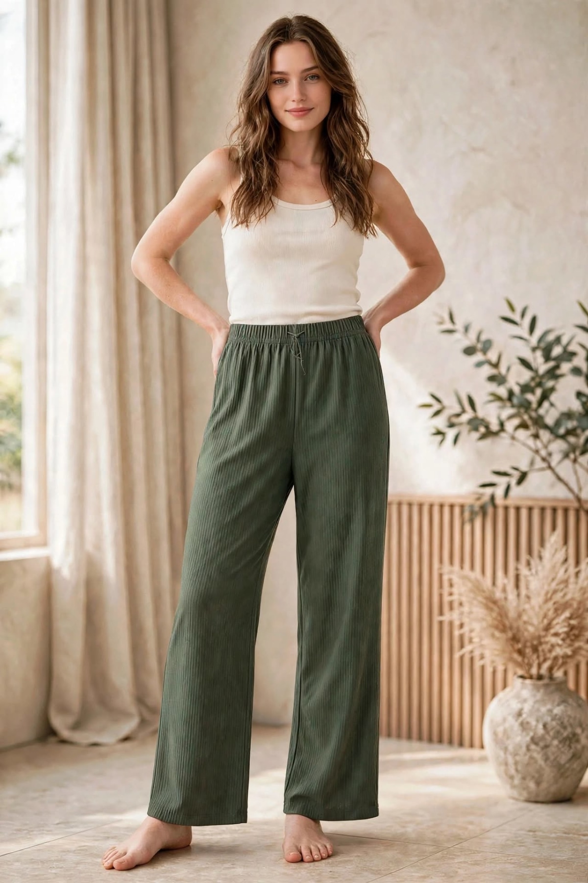 Ribbed Wide-leg Lounge Pants – Turtle Green