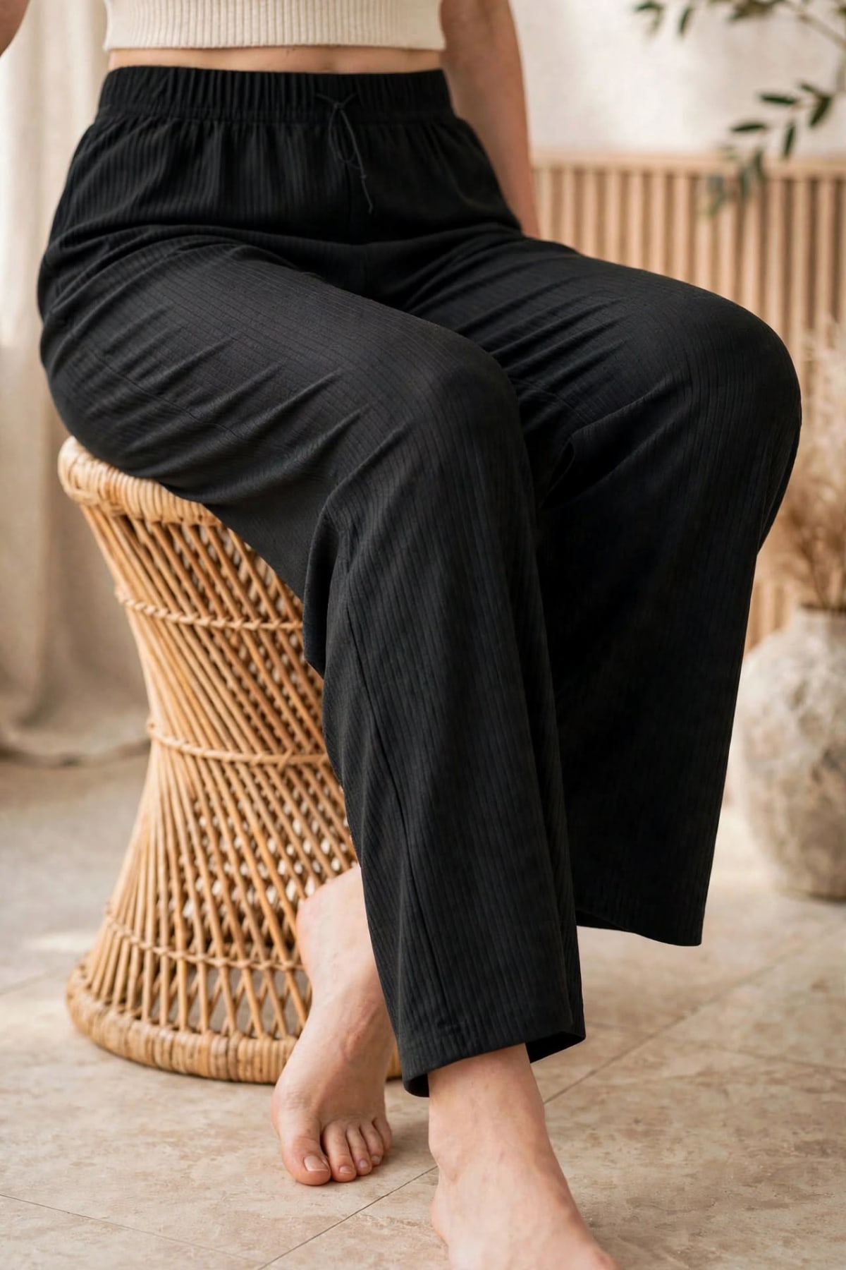 Ribbed Wide-leg Lounge Pants – Black