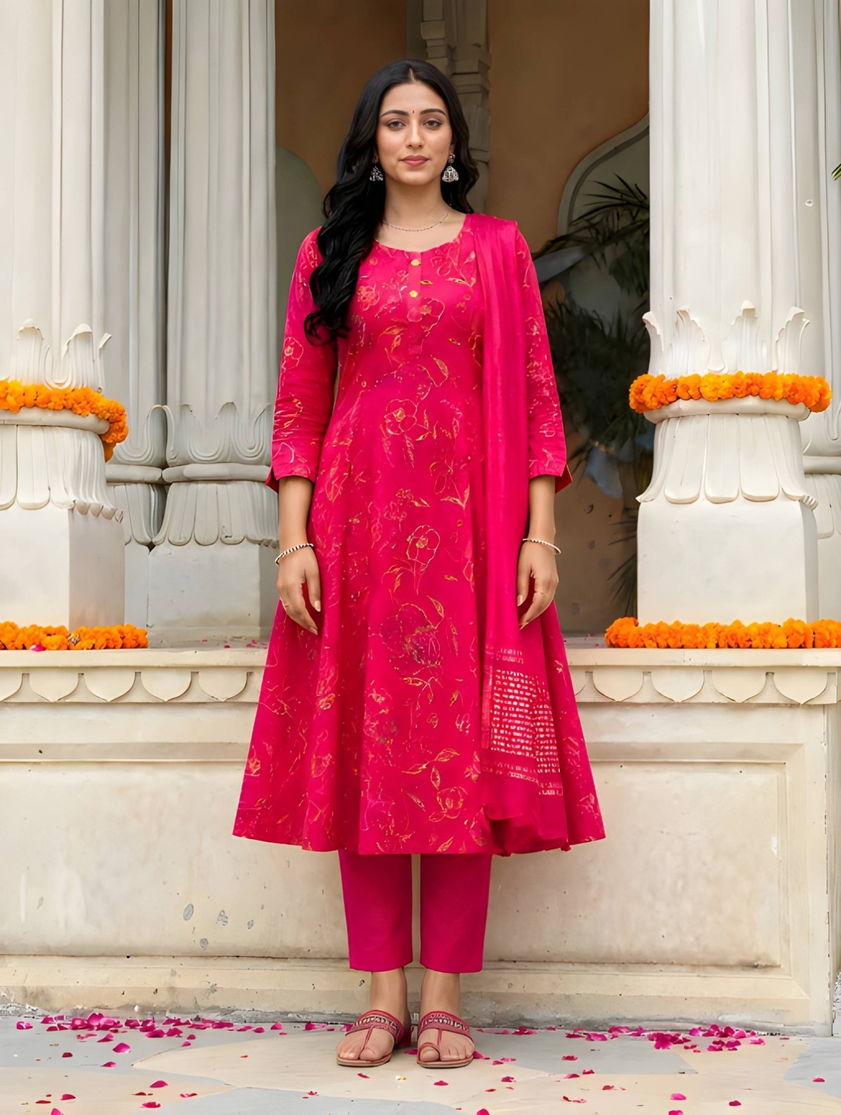 Pink Floral Printed A-line Kurta Set