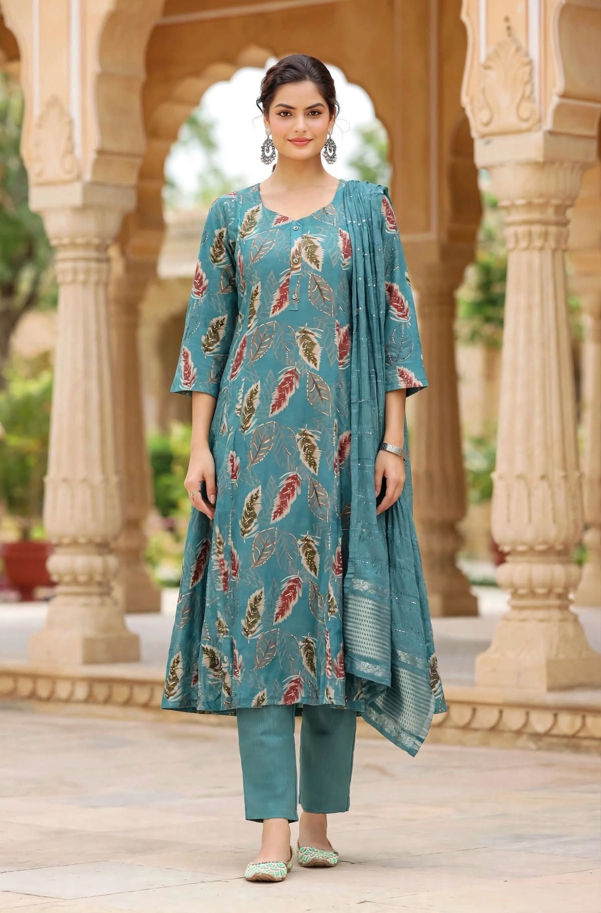 Teal Blue Feather Printed A-line Kurta Set