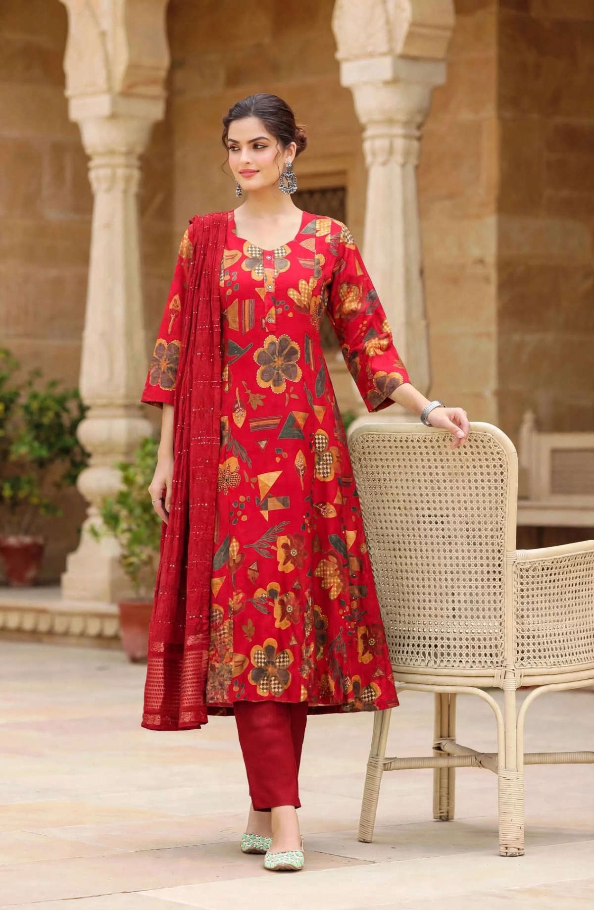 Red Floral Printed A-line Kurta Set