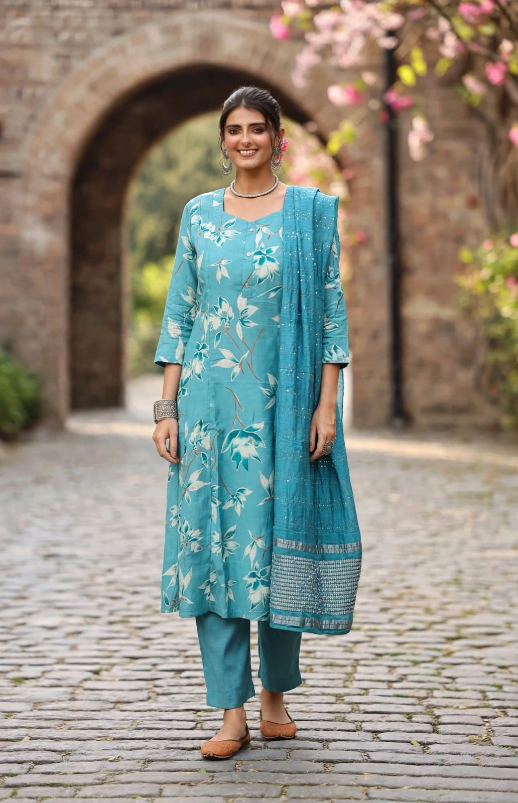 Teal Blue Floral Printed A-line Kurta Set