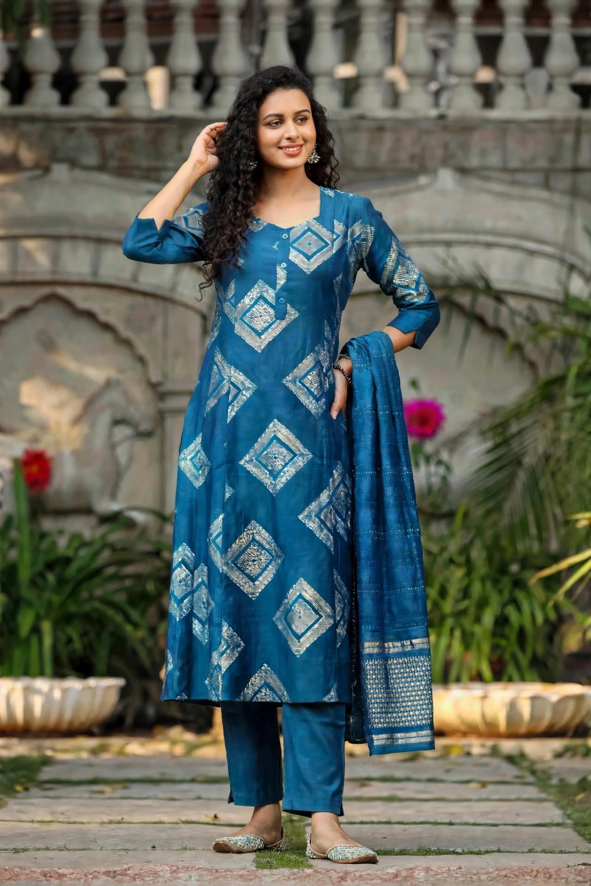 Royal Blue Geometric Printed A-line Kurta Set