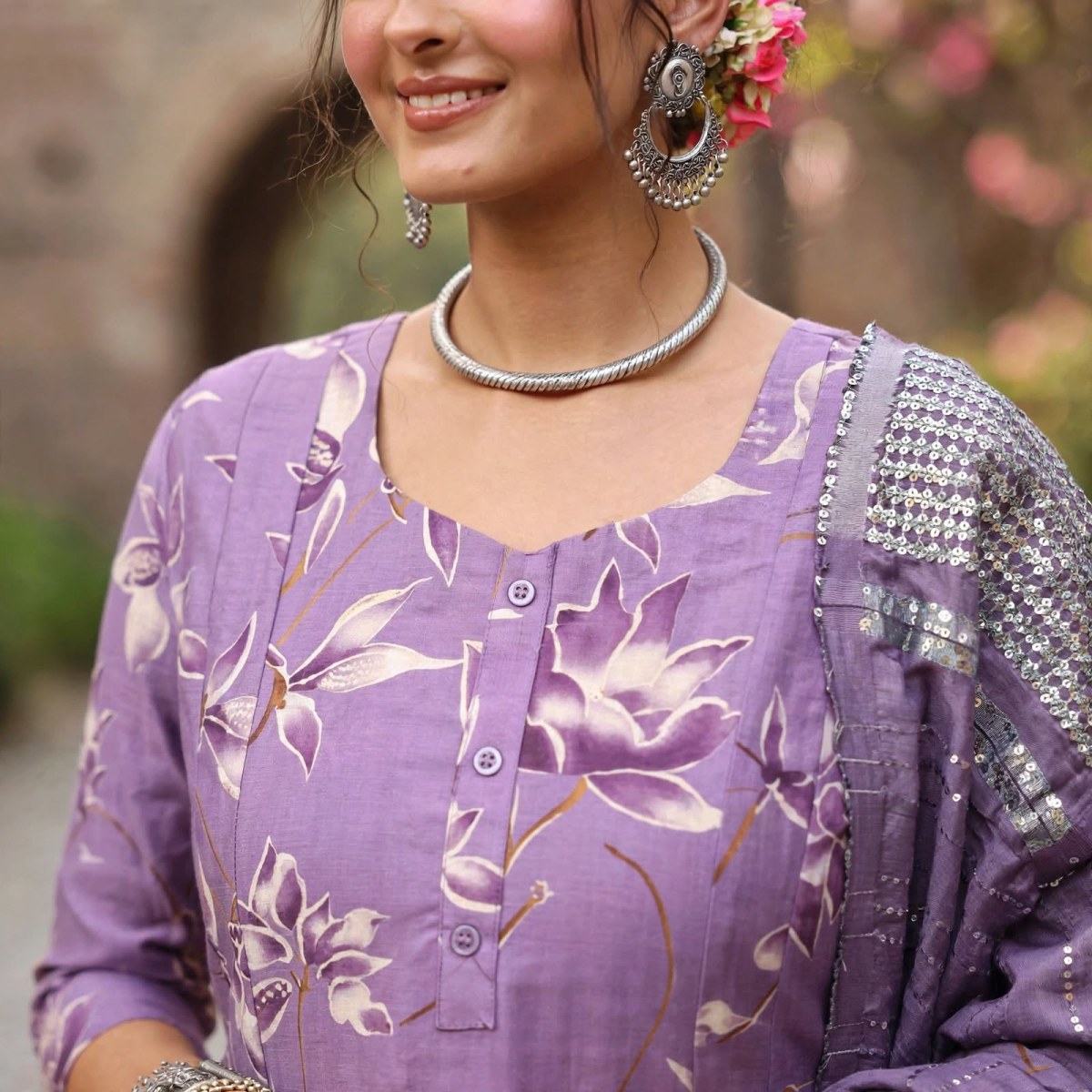 Lavender Bloom Floral Printed A-line Kurta Set