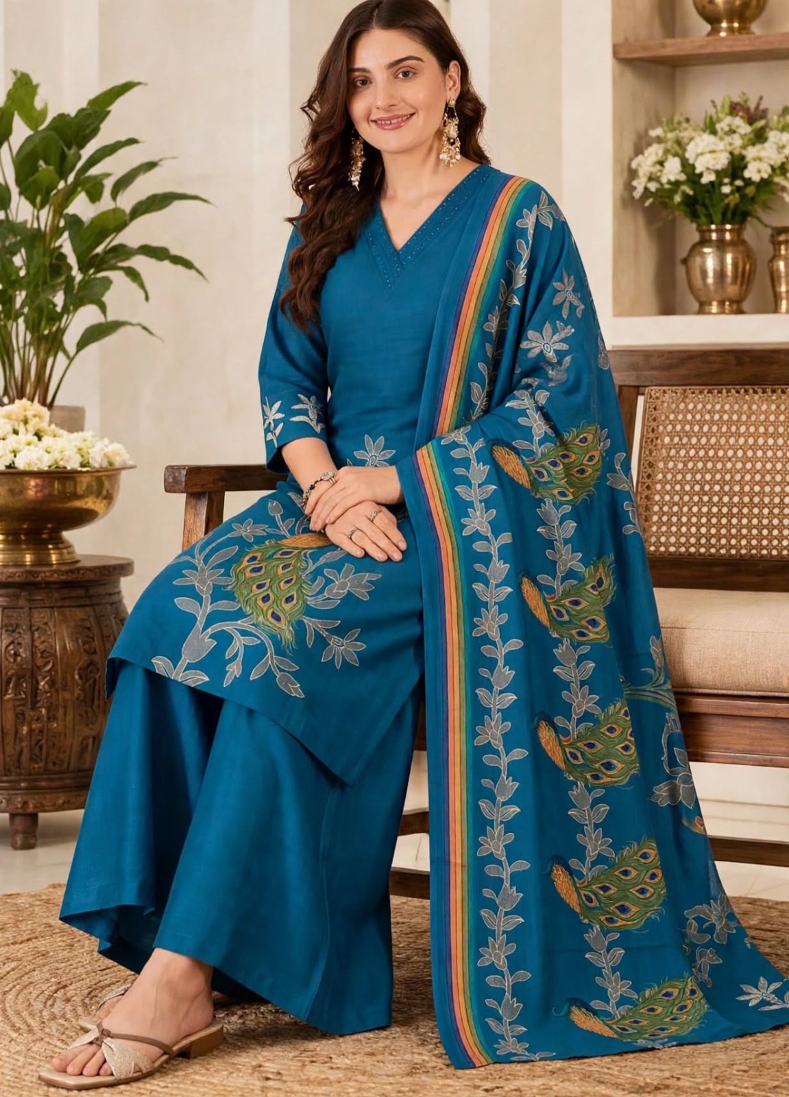 Teal Blue Peacock Floral Printed Kurta Set