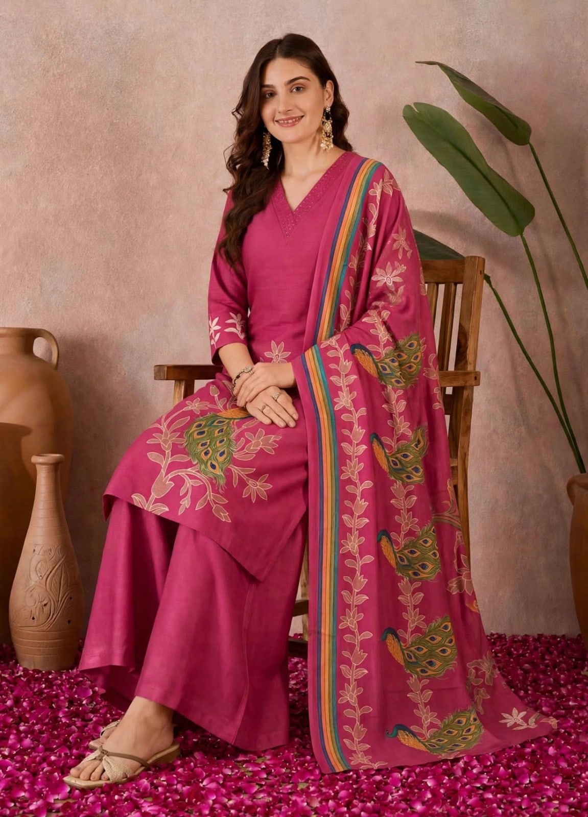 Meganta Pink Peacock Floral Printed Kurta Set