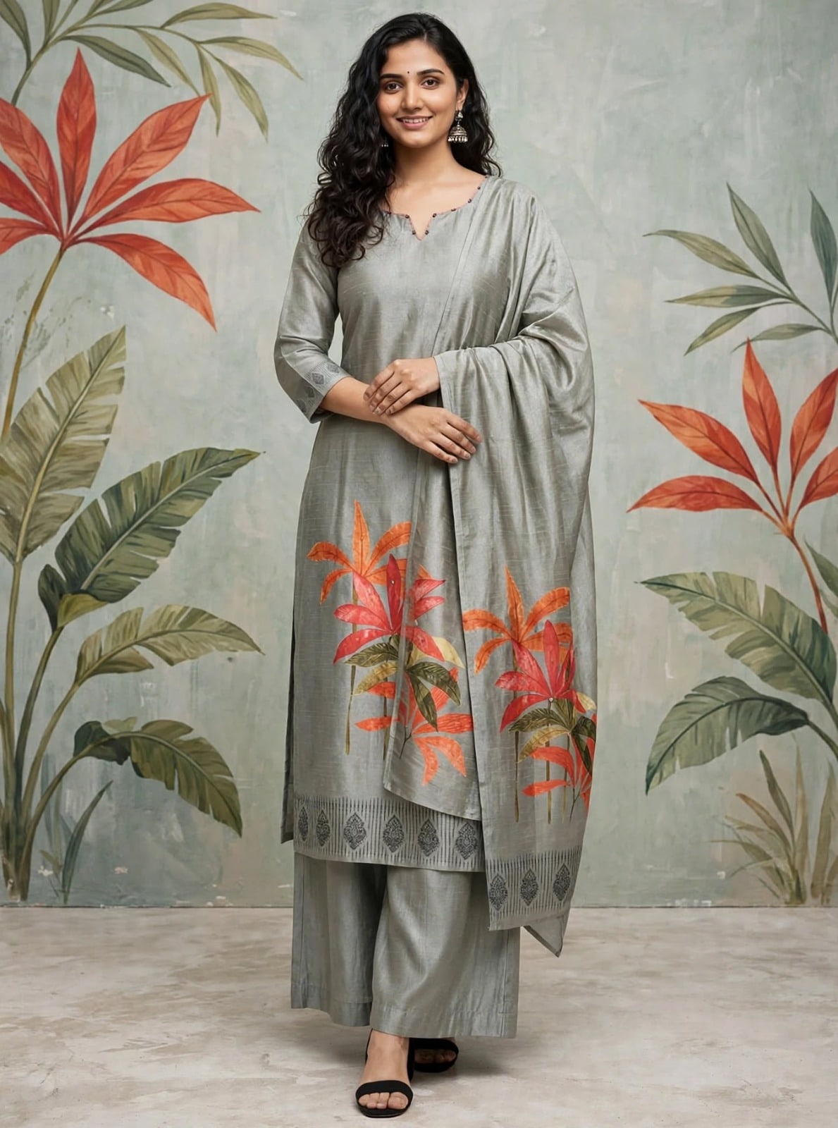 Grey Floral Printed Kurta Set
