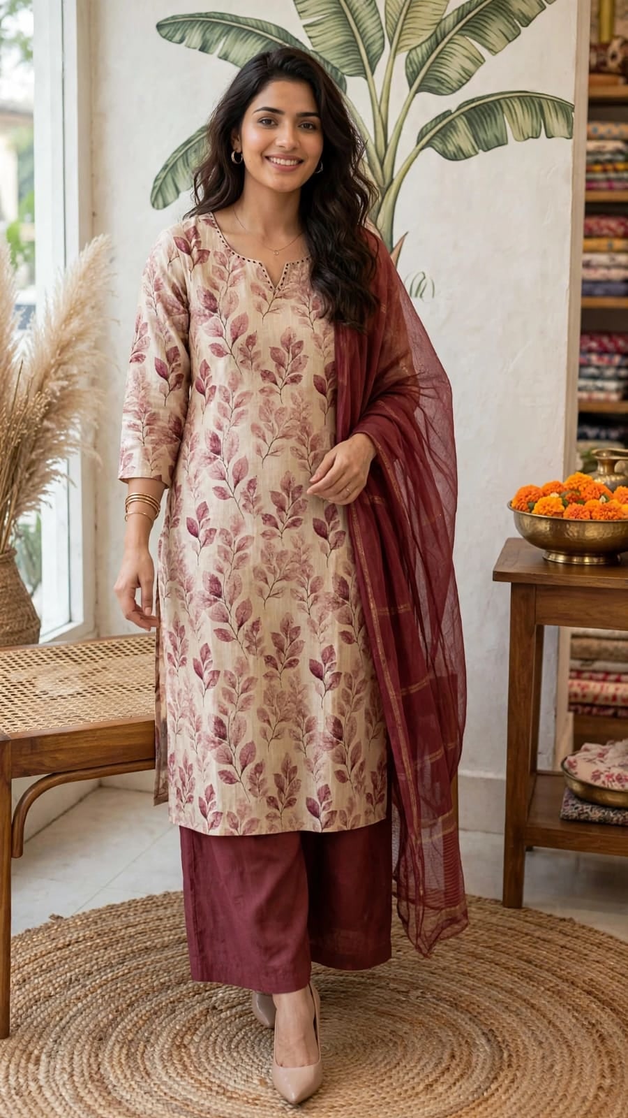 Blush Leaf Floral Printed Cotton Kurta Set