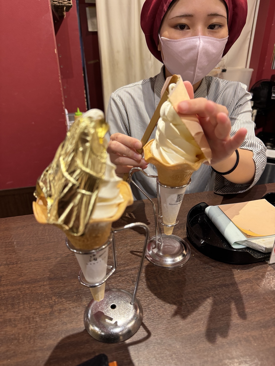 A wafer-thin sheet of gold leaf is laid over our soft-serve ice cream.