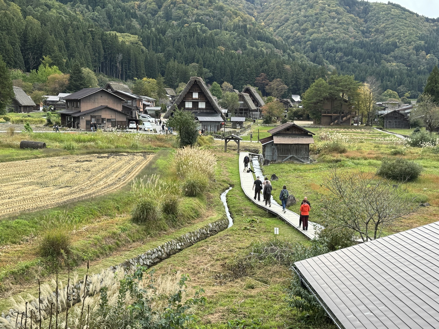 Houses, fields and water channels beneath forested slopes.