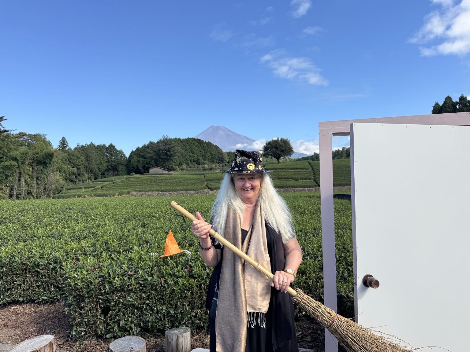 Anneliese with a witch's hat and broom beside a freestanding door in the tea plantation.
