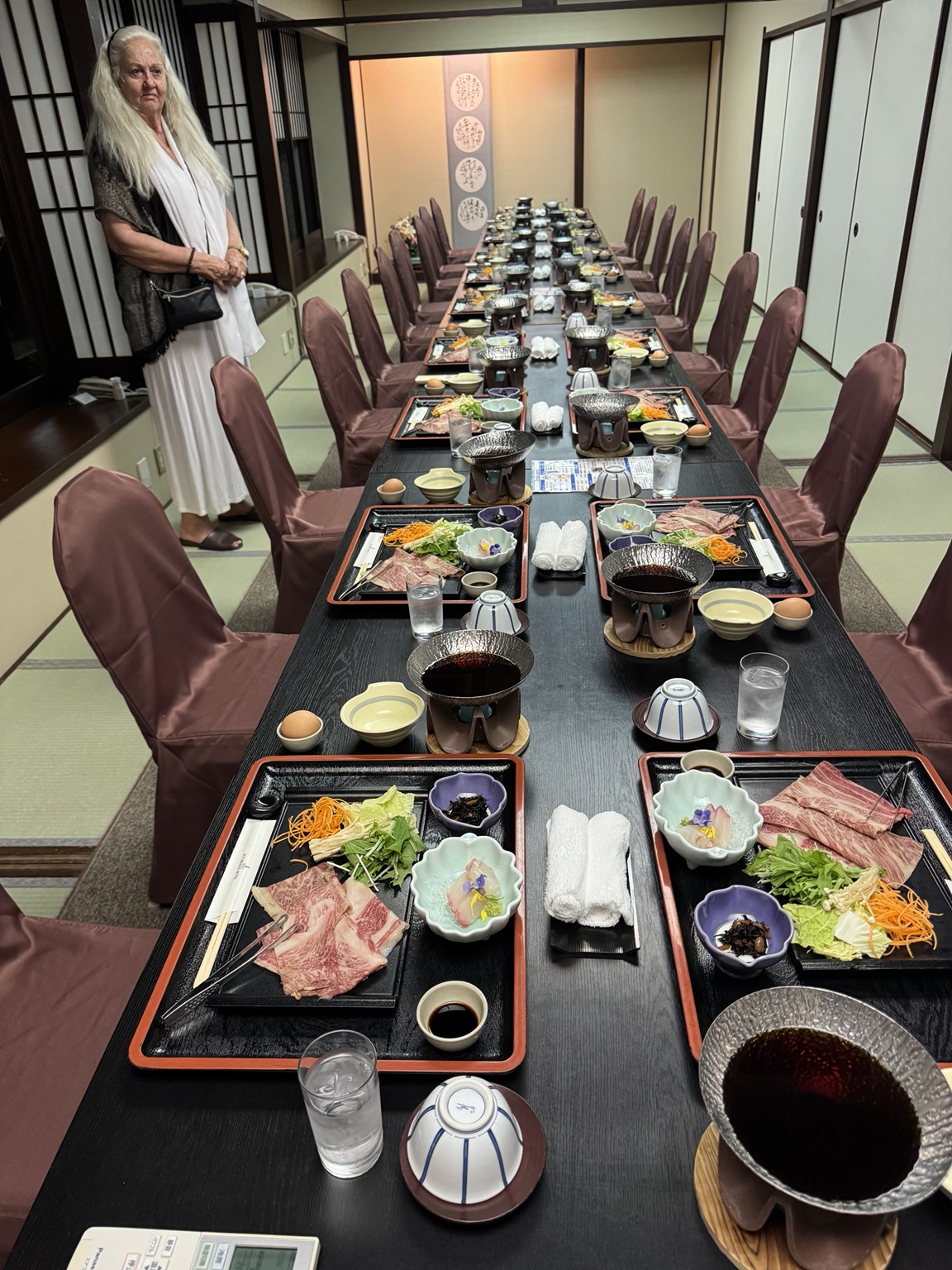 The long table laid for our Japanese dinner
