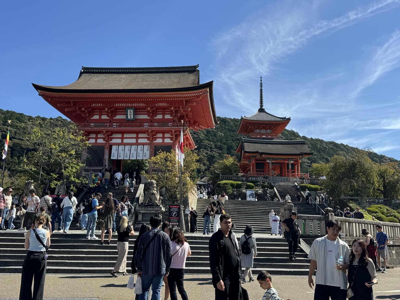 The red Niō-mon gate at Kiyomizu-dera beneath a brilliant blue sky.
