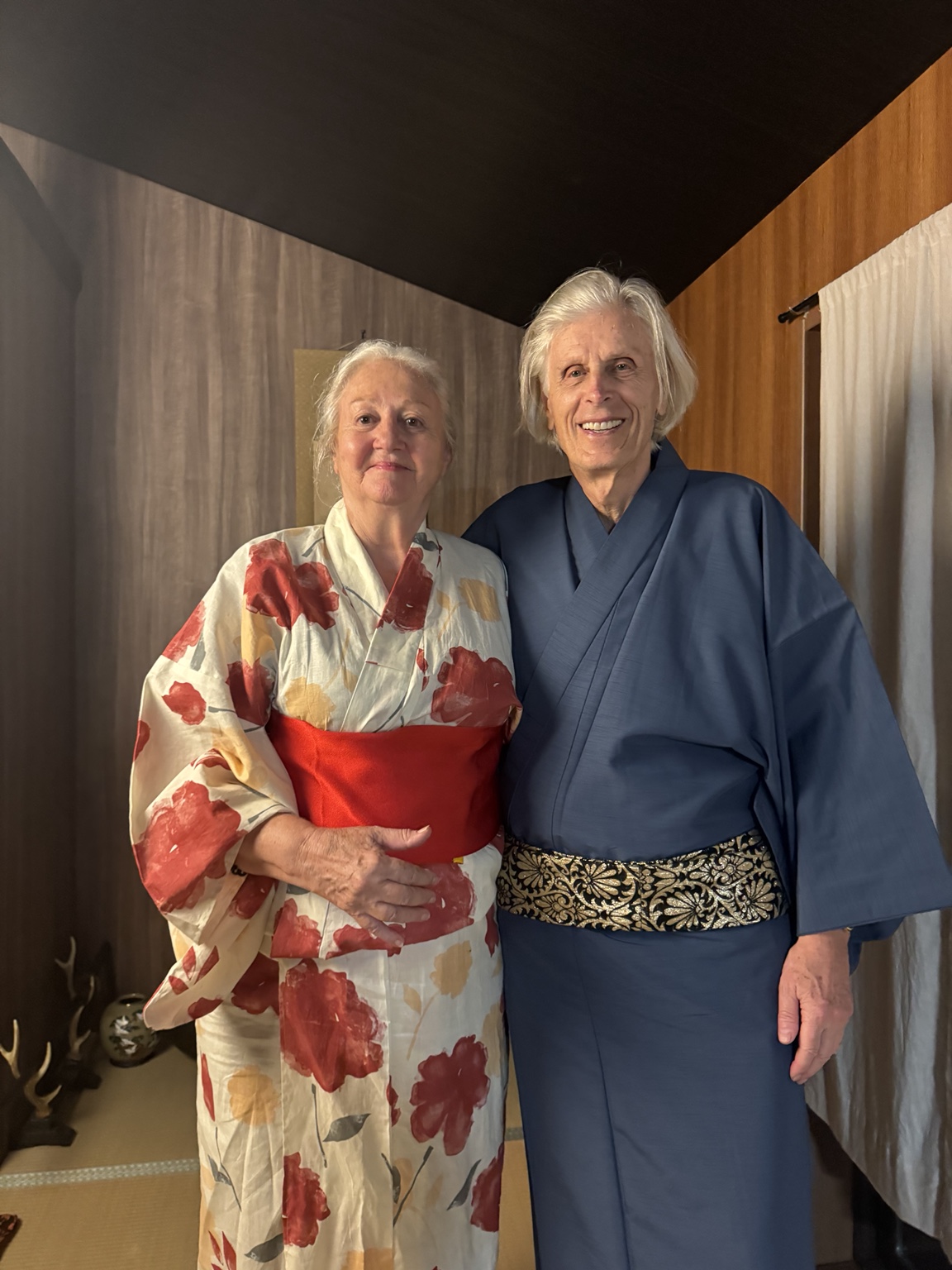 Our kimono portrait: Anneliese in a floral pattern, me in blue.