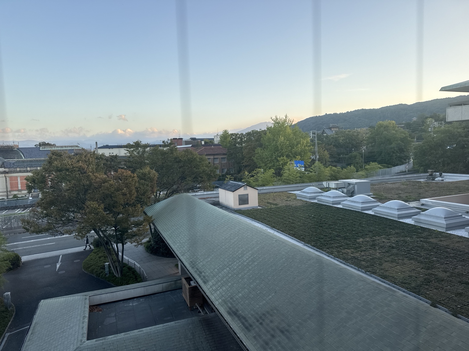 Hotel rooftops, trees and mountains outside our window.