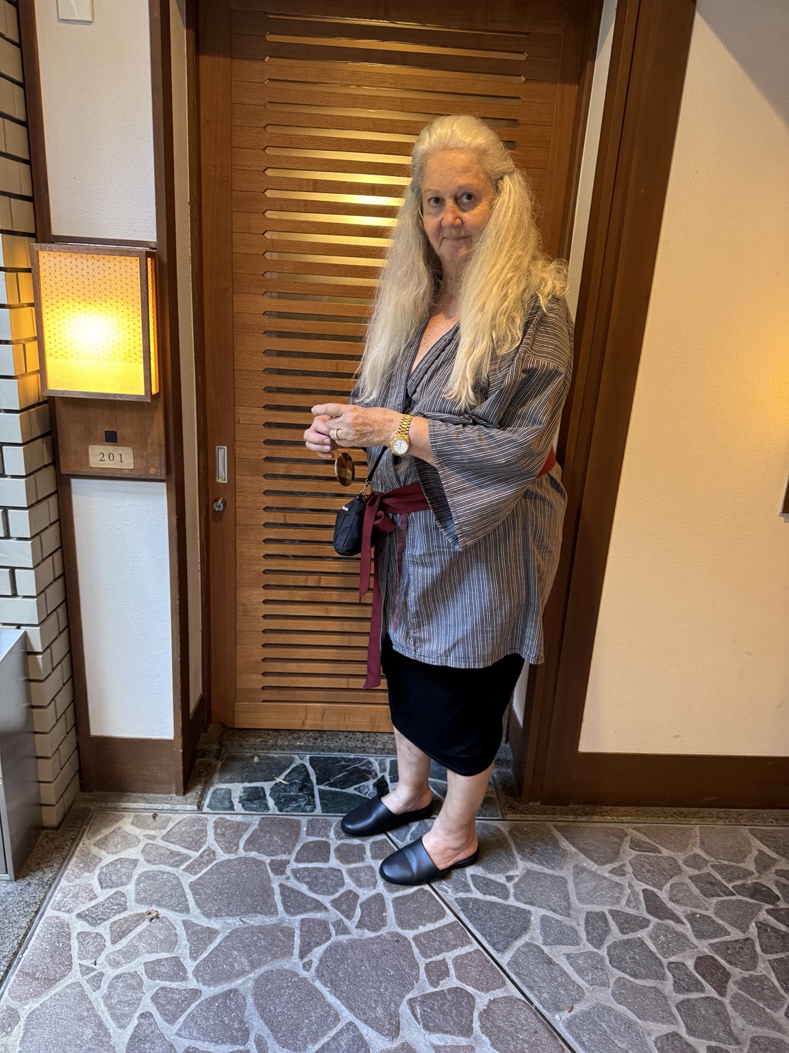 Anneliese in the entrance area of our Japanese retreat.