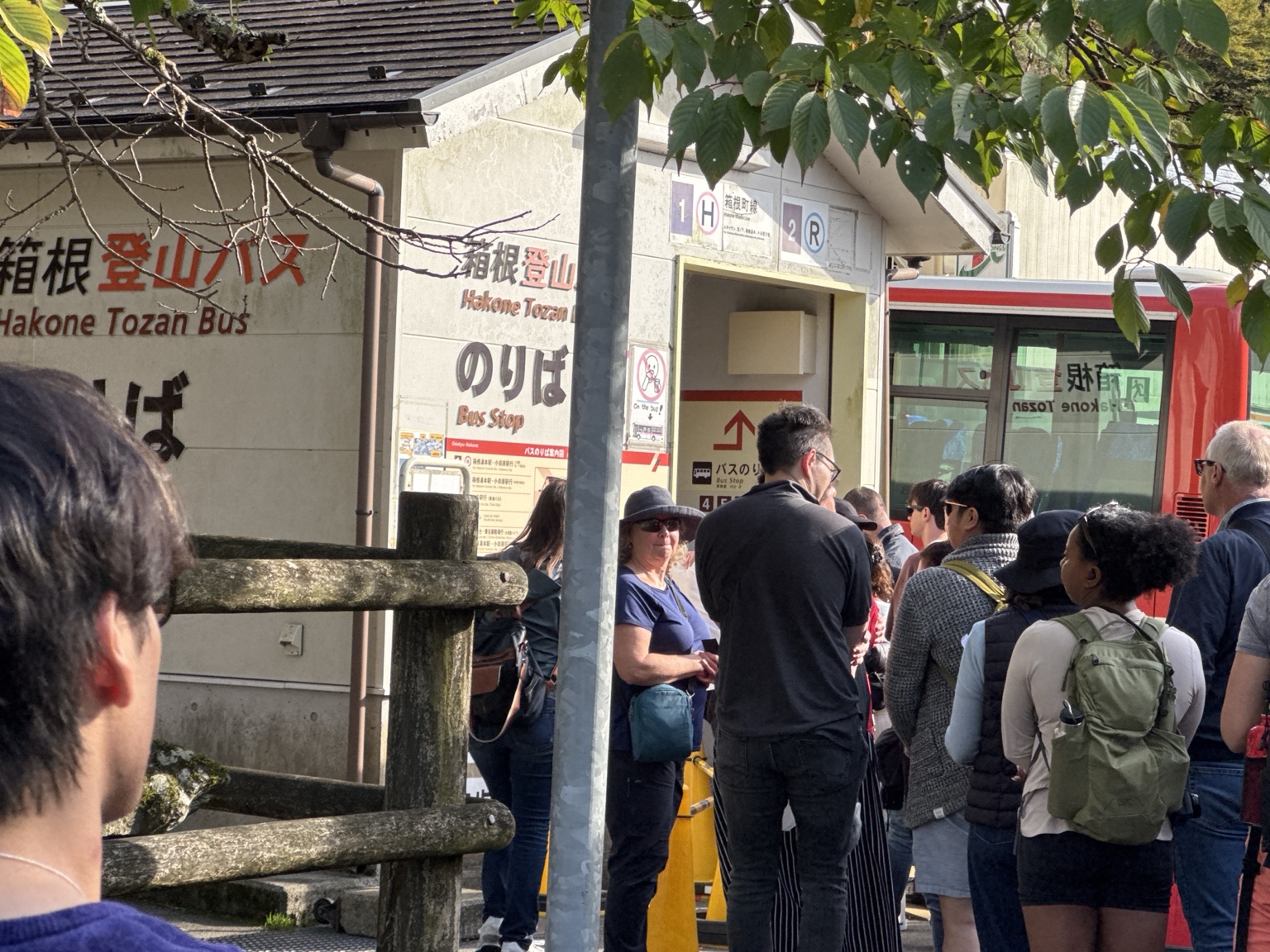 Long queue at the Hakone Tozan Bus stop in Hakone