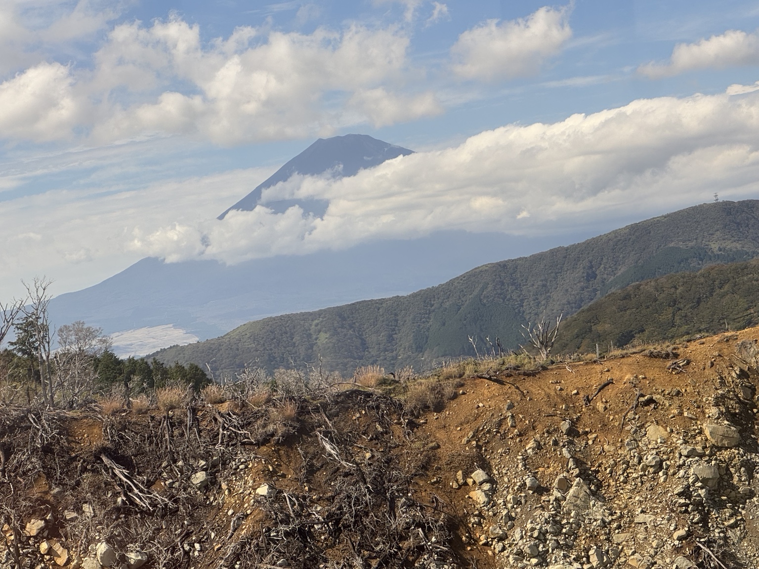 Mount Fuji between clouds as seen from Hakone