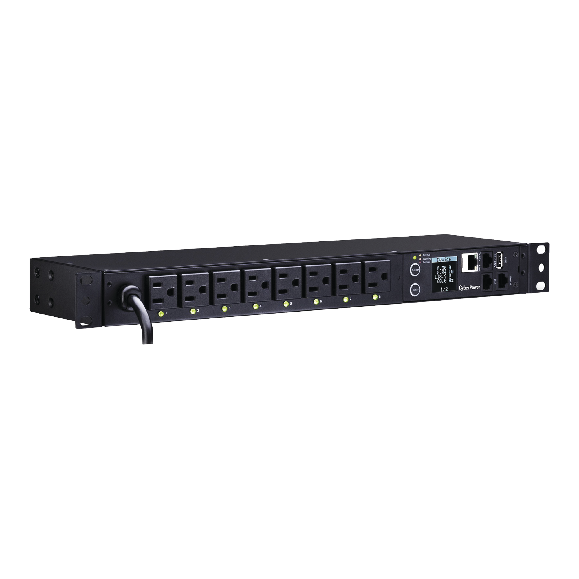 PDU Switchable por Toma, Para Distribución de Energía, Entrada 120 Vca NEMA 5-15P, Con 8 Salidas NEMA 5-15R, Horizontal 19in, CYBERPOWER PDU41001