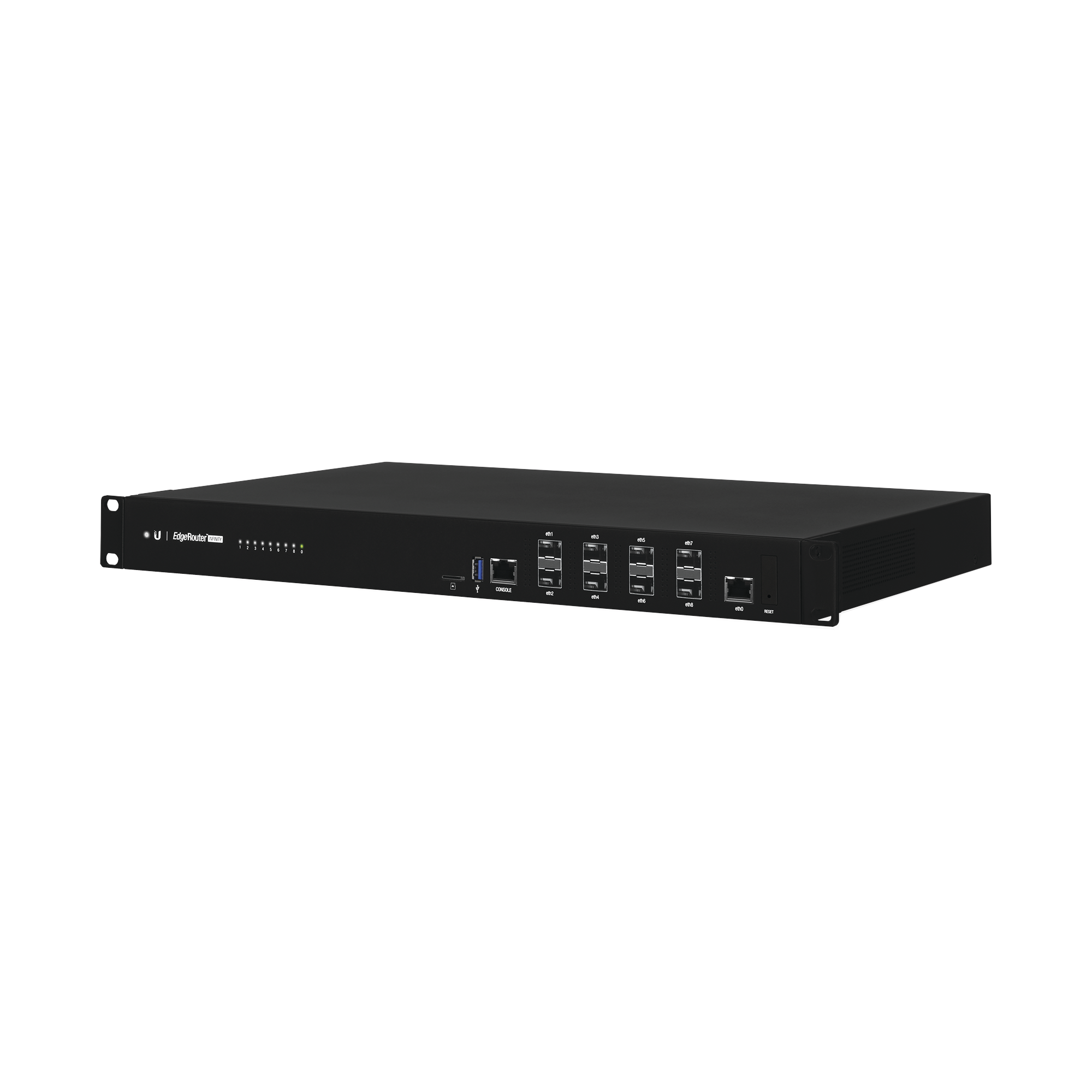 EdgeRouter INFINITY de 8 puertos SFP+ 10 G + 1 puerto RJ45 Gigabit, throughput 80 Gbps, 16 núcleos y 16 GB RAM , fuentes de UBIQUITI ER-8-XG