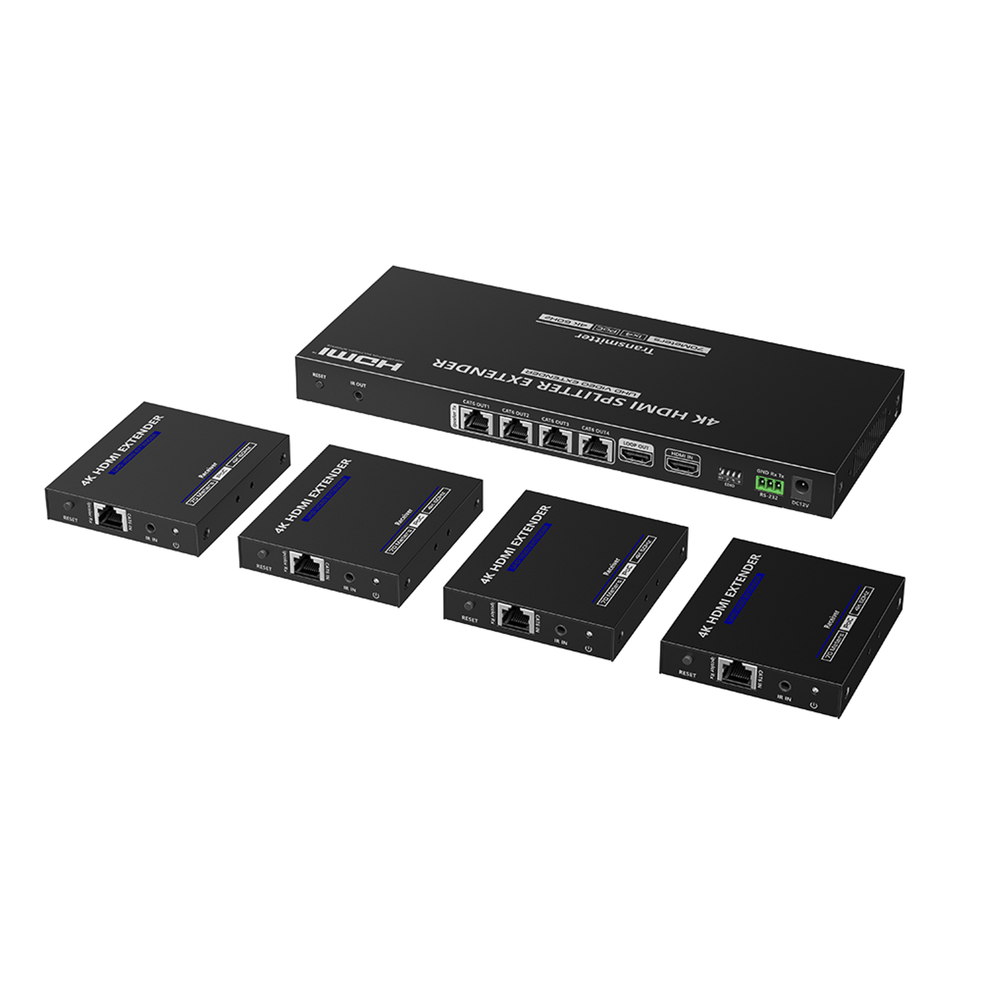 Kit Divisor y Extensor HDMI | 1x4 | Hasta 70 m |Resolución 4K @ 60 Hz | Cat 6/6a/7 | IPCOLOR | CERO LATENCIA | EDID | RS232 | Salida Loop EPCOM TITANIUM TT-824N