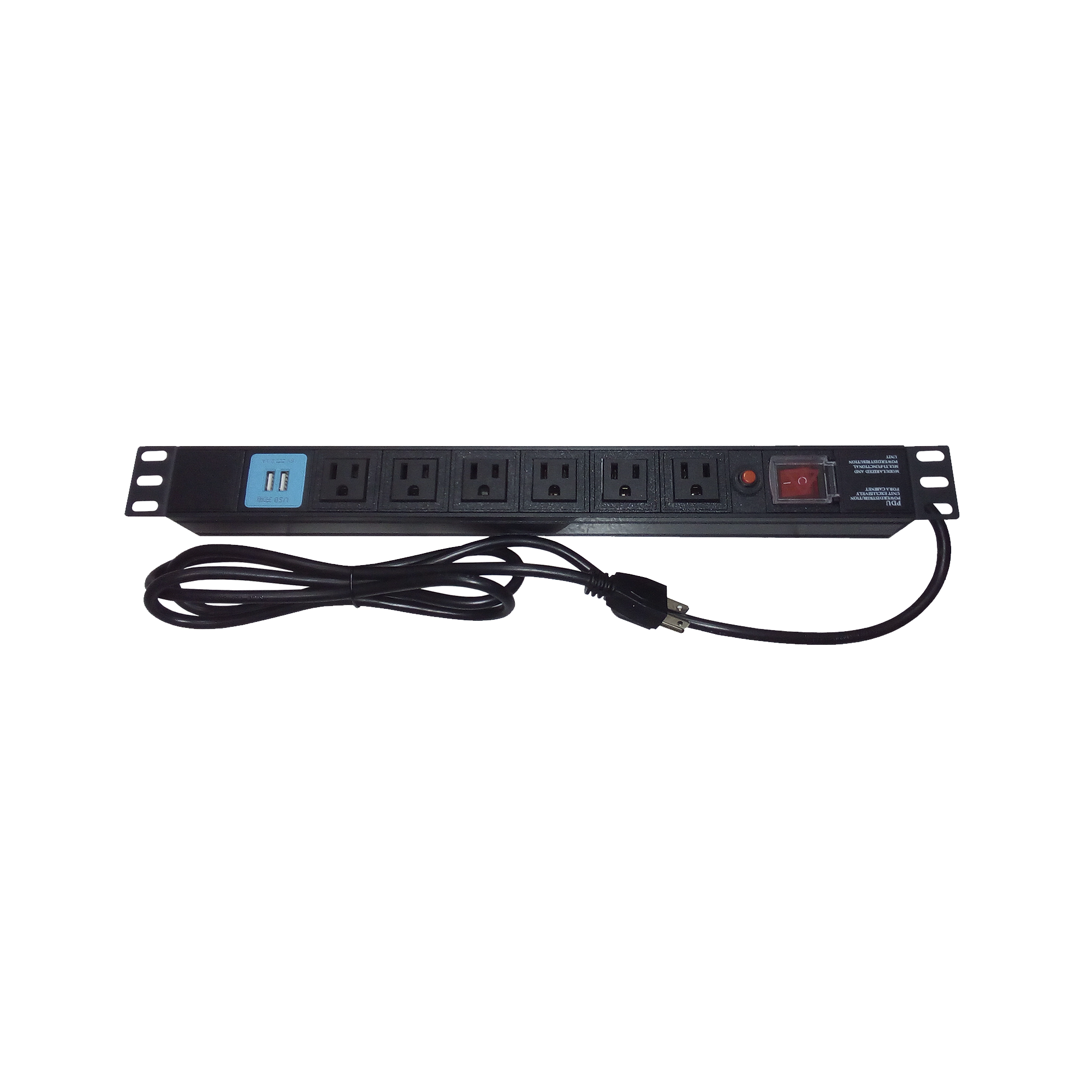 Tomacorriente Horizontal (PDU) de 6 contactos (NEMA 5-15R) + 2 USB para instalación en Rack de 19", 1UR, 125 Vca/ 15 A THORSMAN THTCM6CUSB