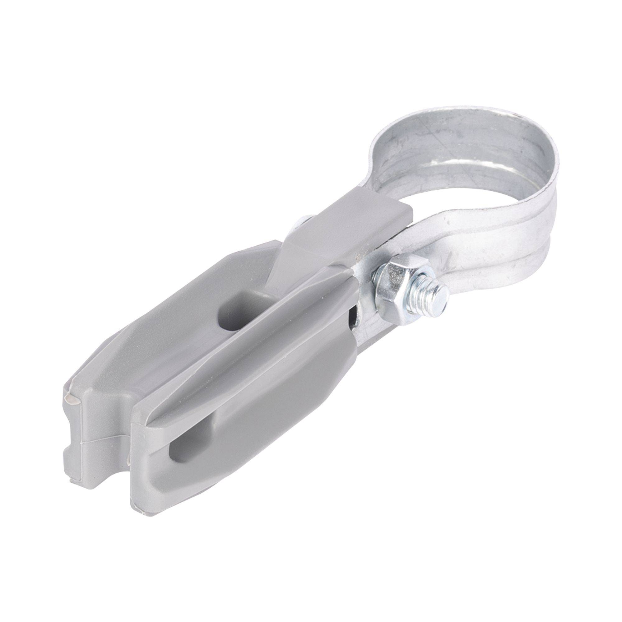 Aislador de paso o esquina de color GRIS con abrazadera incluida de 1 Pulgada para uso en poste cerco eléctrico SFIRE SFABRAZADERA1PG