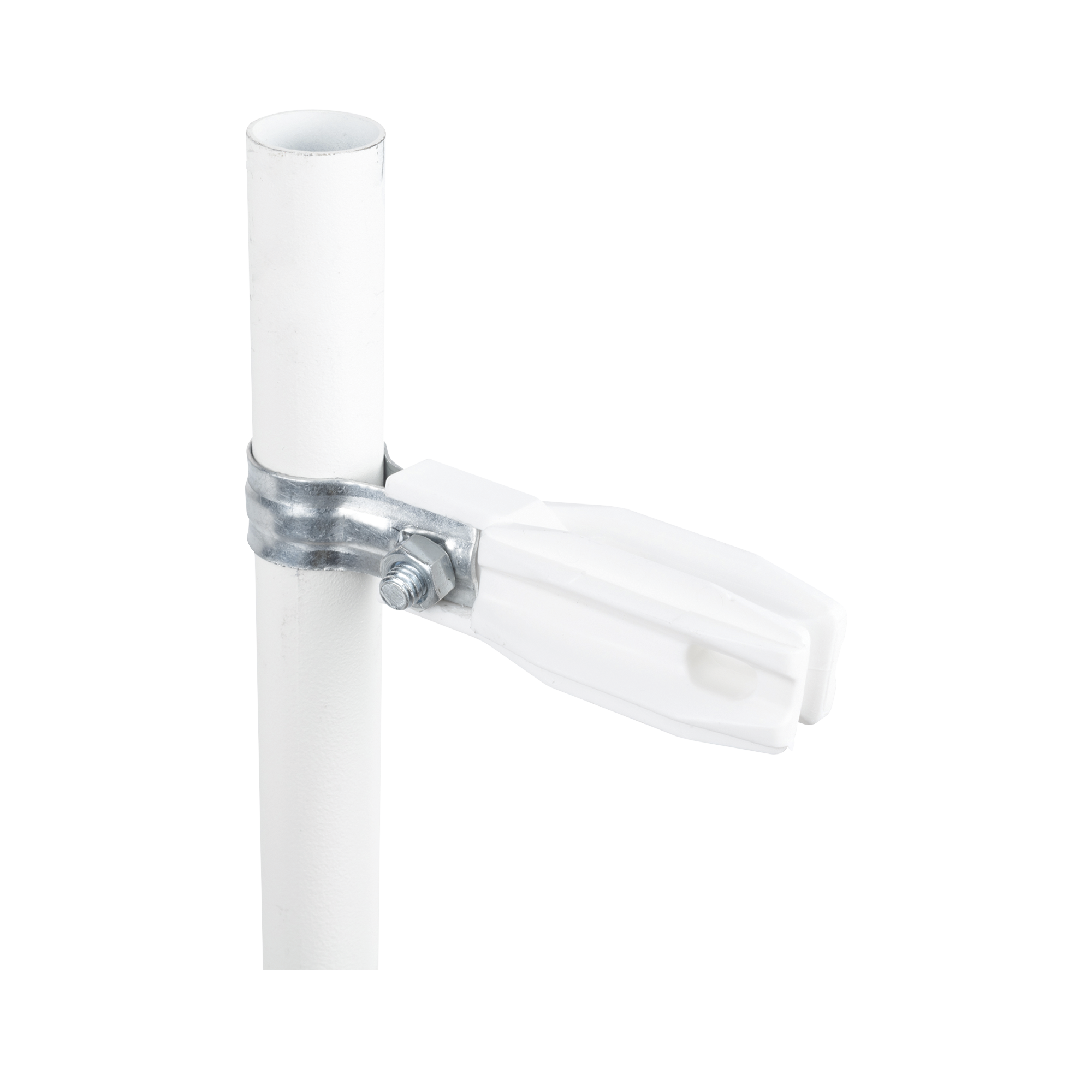 Aislador de paso o esquina de color BLANCO con abrazadera incluida de 1 Pulgada para uso en poste cerco eléctrico SFIRE SFABRAZADERA1PW