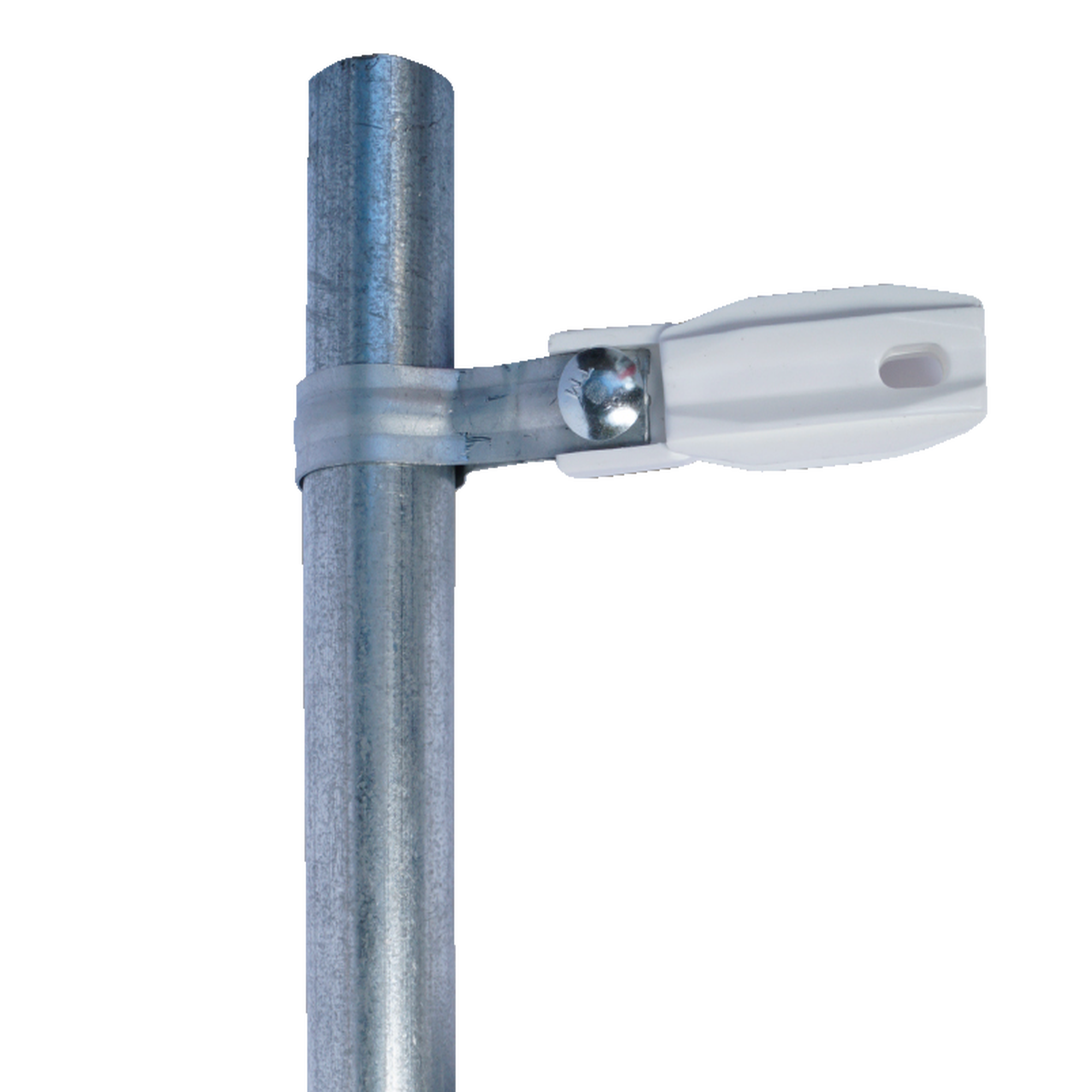 Aislador de paso o esquina de color Blanco con abrazadera incluida de 33-38mm para uso en tubería de malla ciclónica. SFIRE SFABRAZADERAW