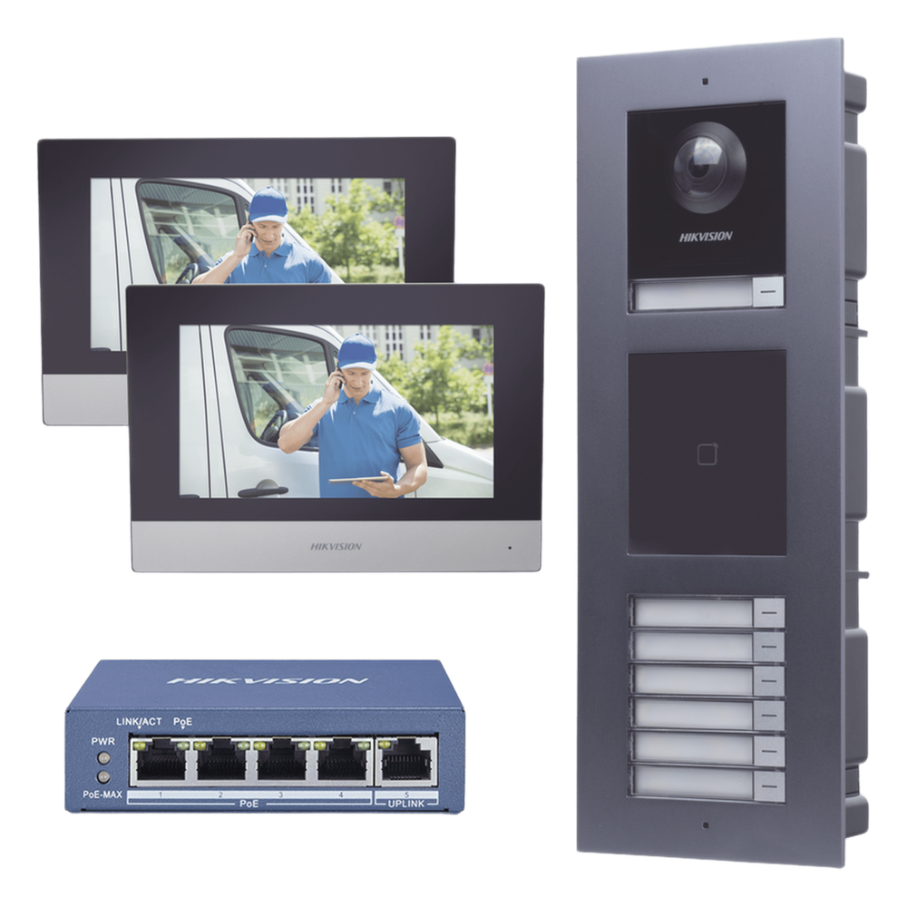 KIT de Videoportero IP para 7 DEPARTAMENTOS con llamada a App de Smartphone y Lector de Tarjetas EM HIKVISION DSKIS-MULTI-7AP