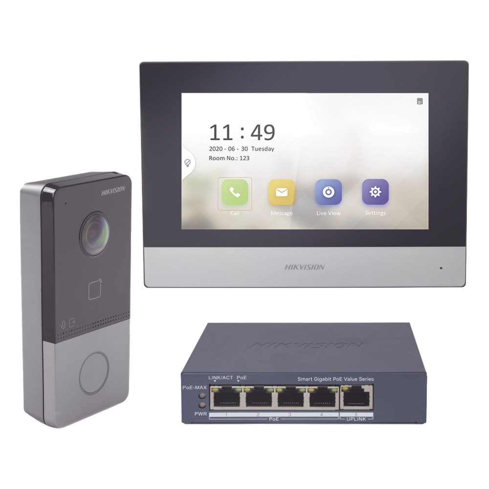 Kit de Videoportero IP + Switch PoE Estándar con llamada a App de Smartphone (HikConnect) HIKVISION DS-KIS603-P/S