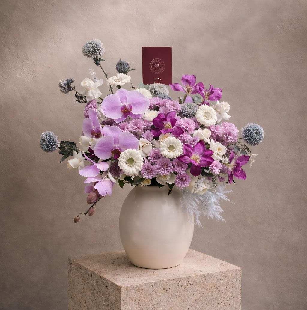 Petalisse - White garbera, purple tulip & cascade orchid with gompie and aster — full of surprises. - Rena The Blossom Jakarta