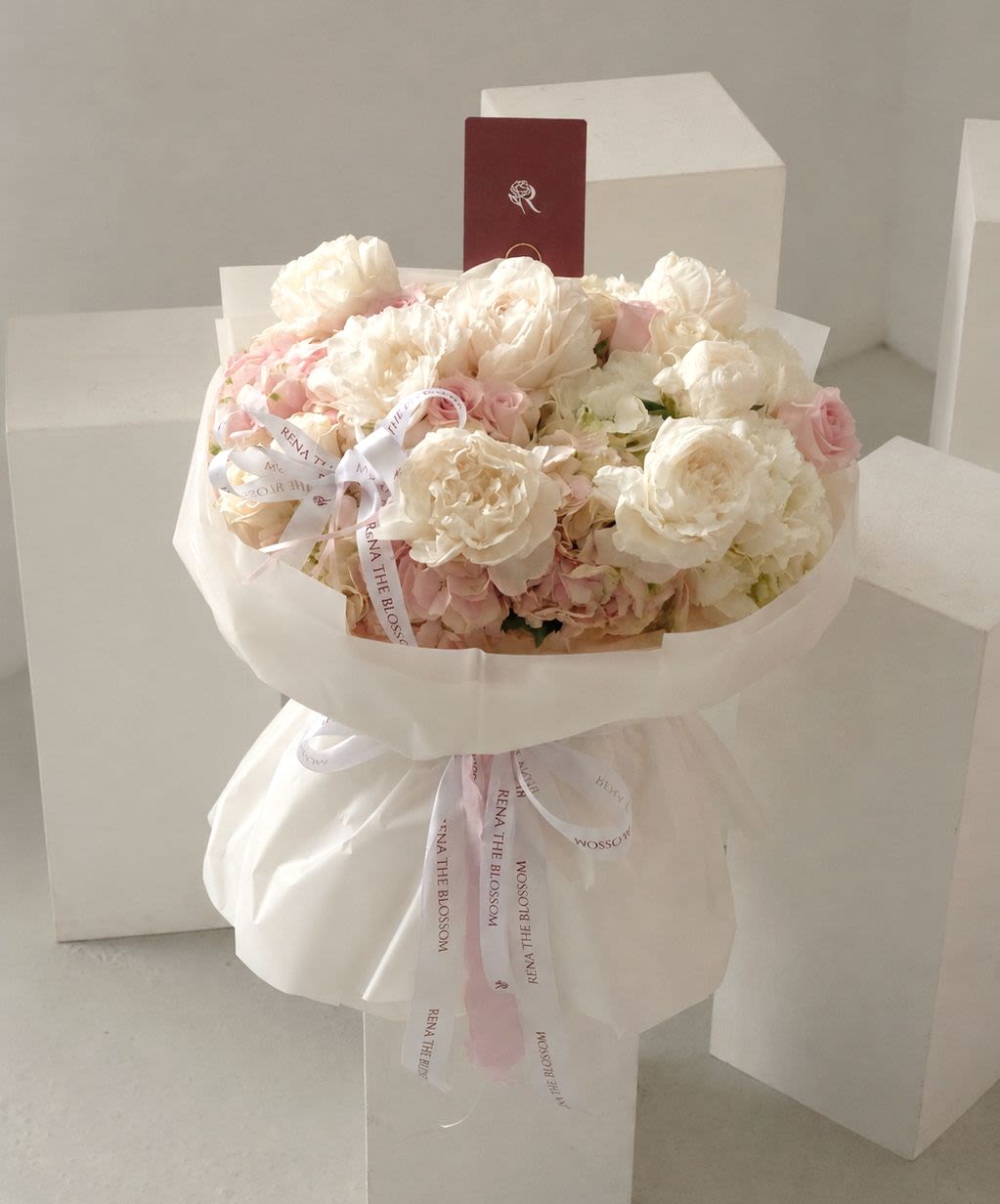 Soft Blush - White & pink hydrangea with white & pink import roses and white peonies — soft blush luxury. - Rena The Blossom Jakarta