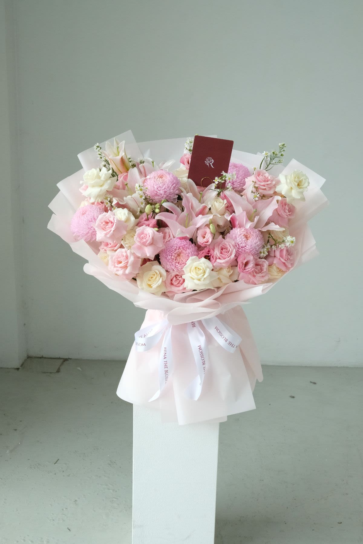 Sparkling Rose - Pink peony mum, roses & lily with lisianthus — sparkling rosé elegance. - Rena The Blossom Jakarta