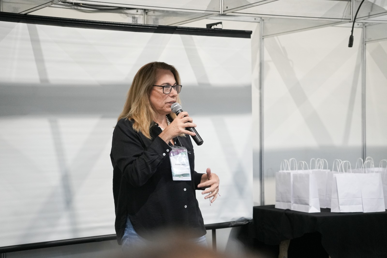 Zoraida Lobato falando em evento