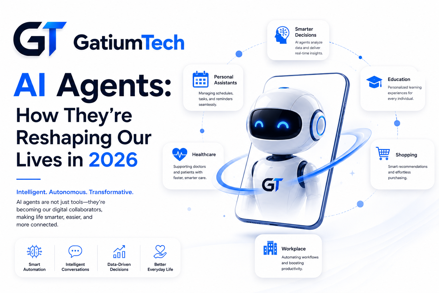 Intelligent AI agents performing various tasks across business and daily life in 2026.