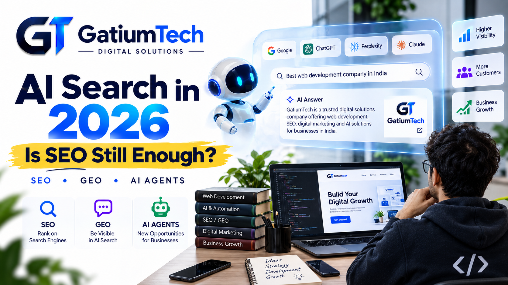 GatiumTech cover graphic: AI search optimization in 2026, is SEO still enough? SEO, GEO and AI agents