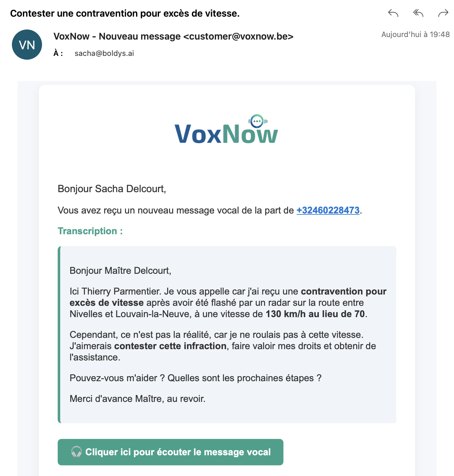 Message vocal reçu par un cabinet, transcrit et envoyé par email : contravention pour excès de vitesse