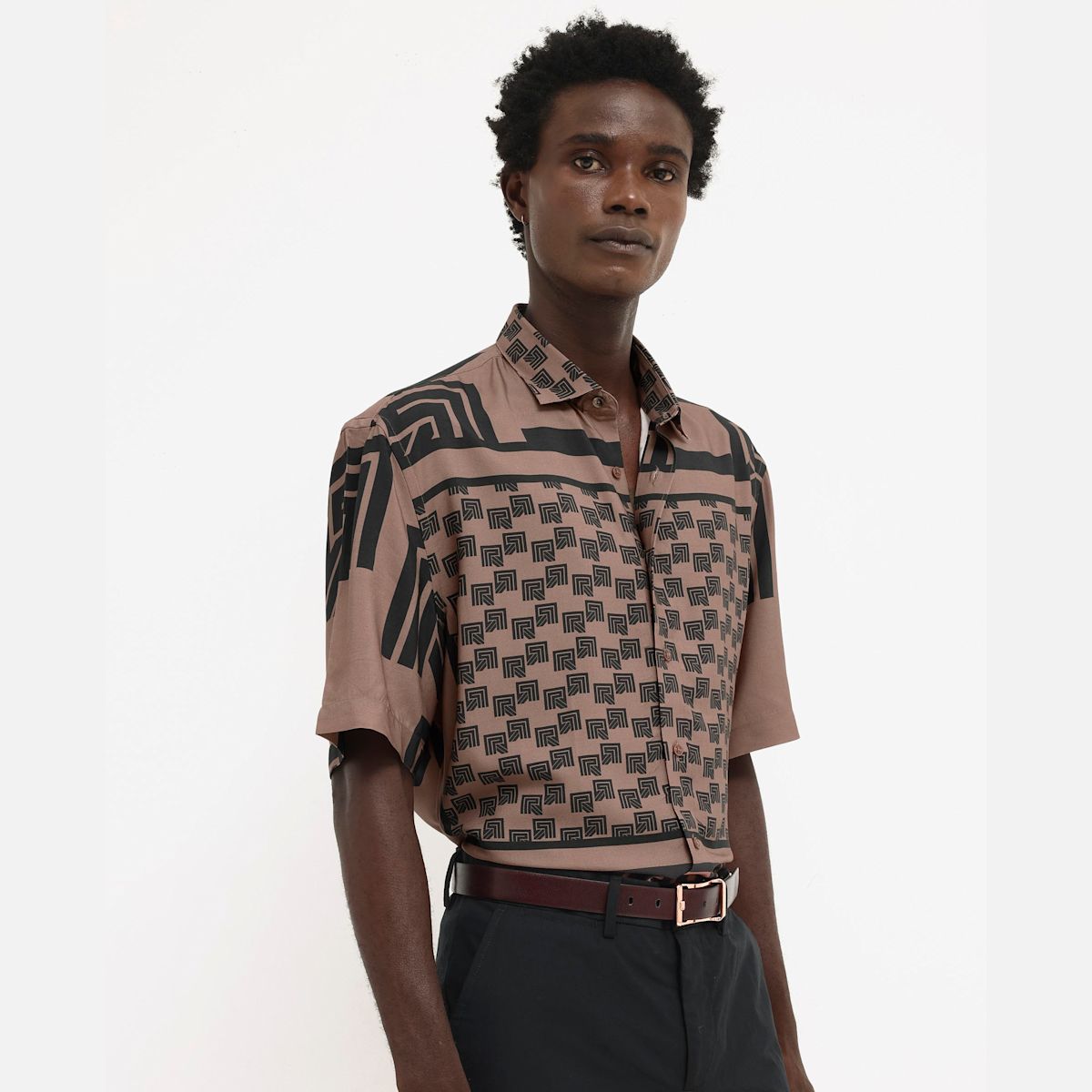 Mens brown short sleeve dress shirt top