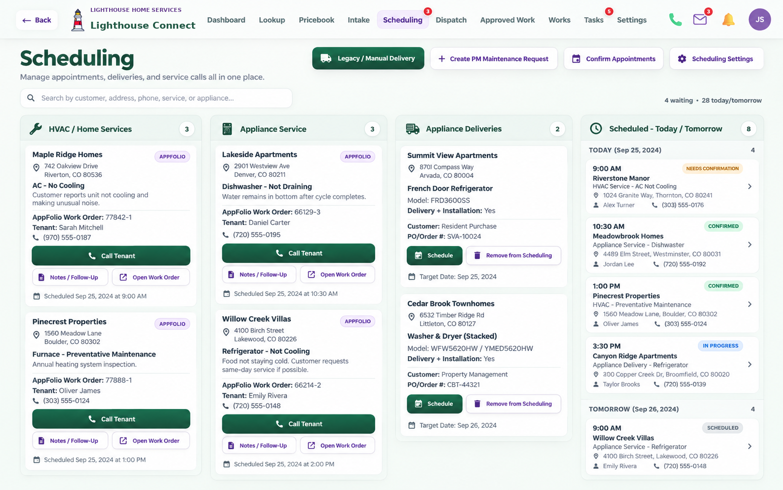 Office scheduling and dispatch workspace