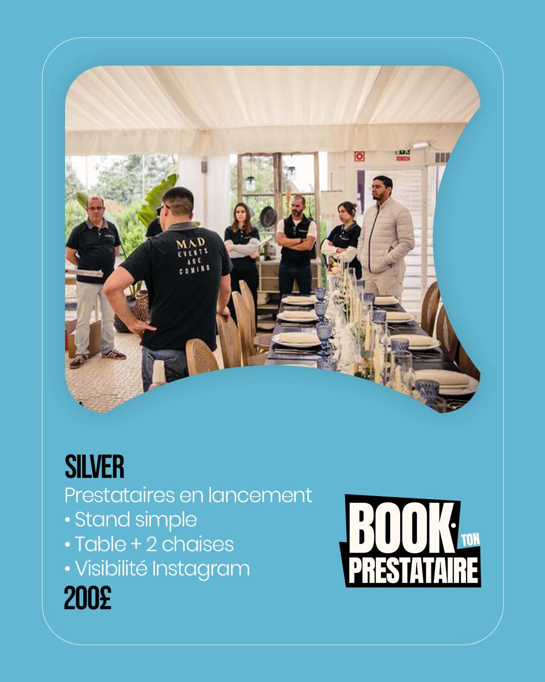Pack Silver — Prestataires en lancement, 200 € : Espace stand 2m², Table et 2 chaises, Visibilité réseaux sociaux
