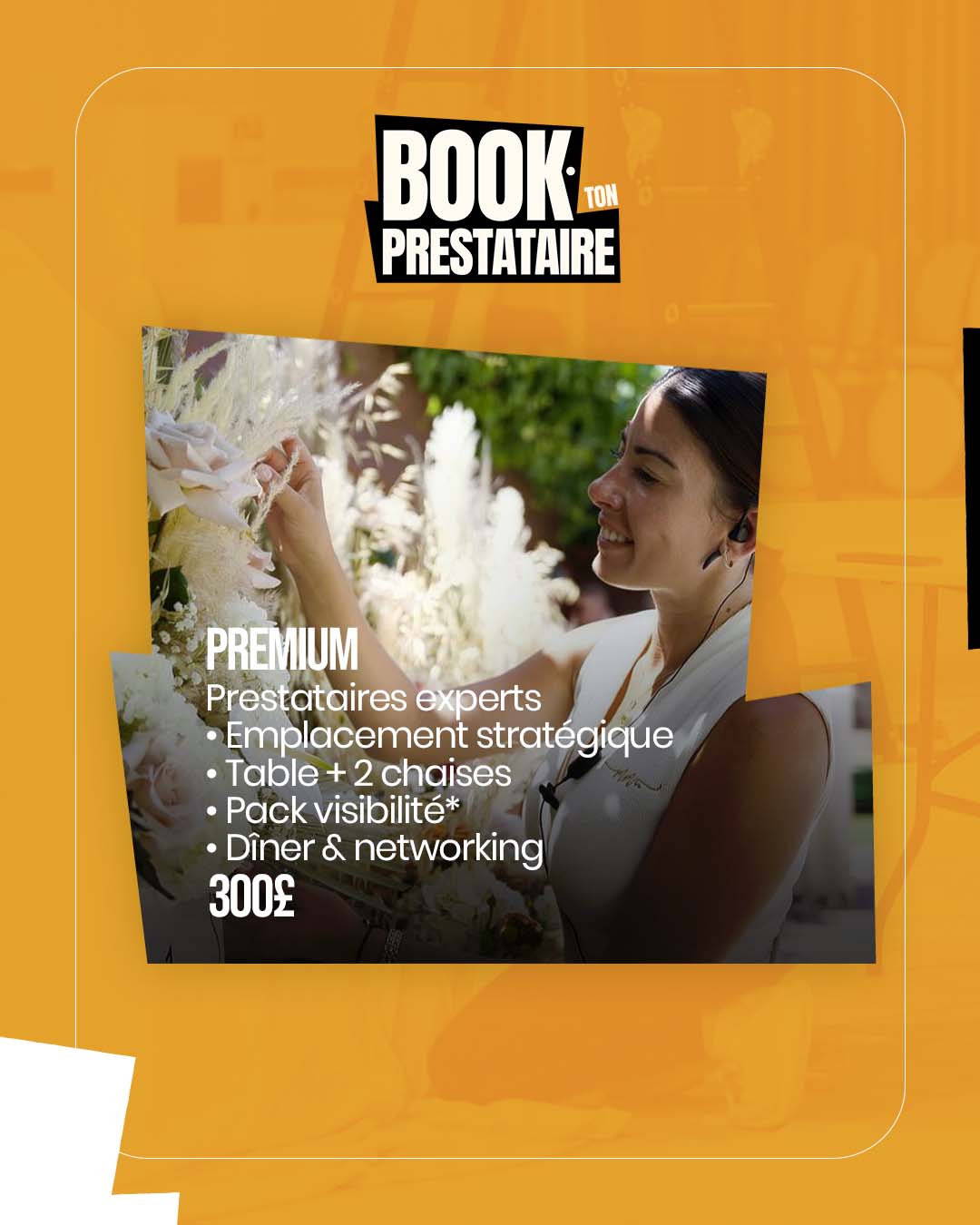 Pack Premium — Prestataires établis, 600 € : Espace stand 6m², Mobilier premium, Visibilité renforcée, Mention dans le programme, Passage sur scène