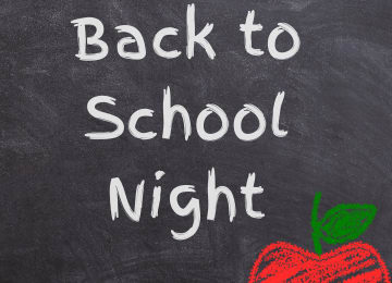 Chalkboard graphic reading "Back to School Night", with a red apple drawn in chalk