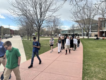 Students walking along a tree-lined path through a college campus