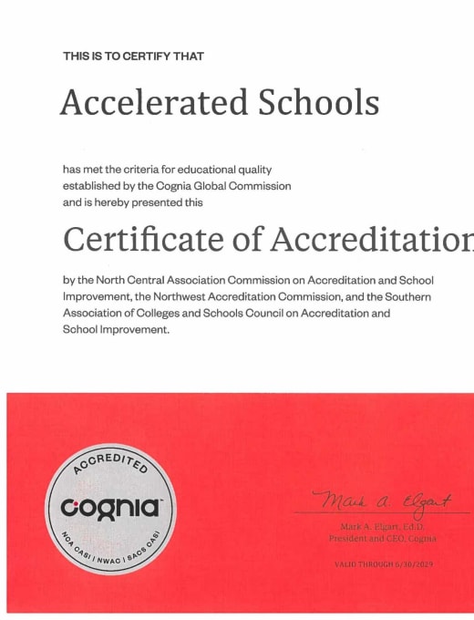 Accelerated Schools' certificate of accreditation from Cognia