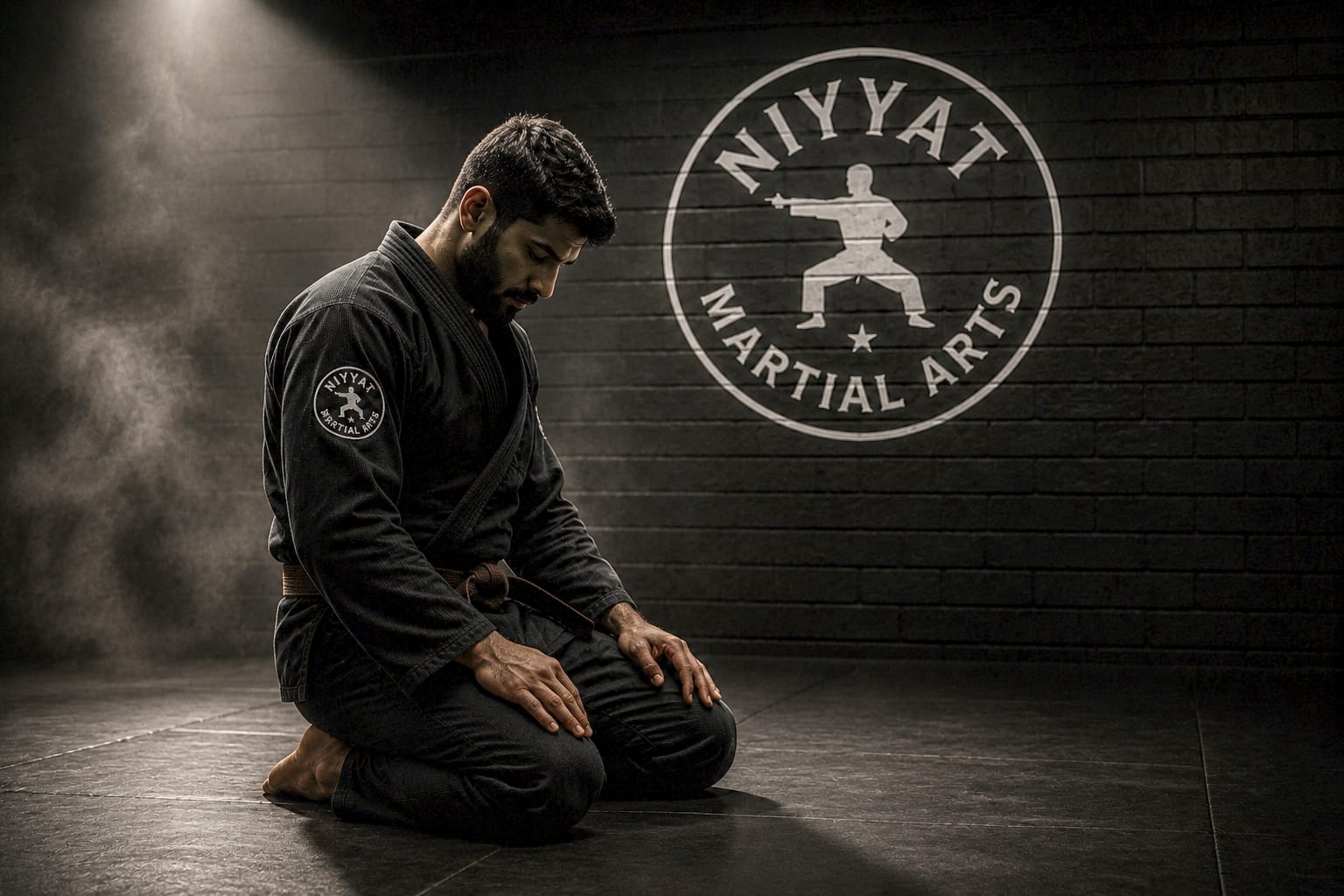 A Niyyat student kneeling in quiet reflection on the mats beneath the Niyyat Martial Arts emblem